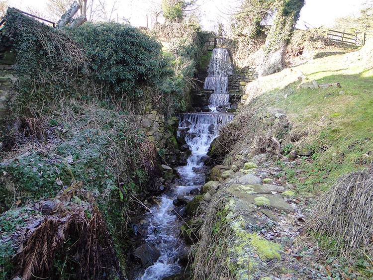 A stream cascading through gardens in Coverham