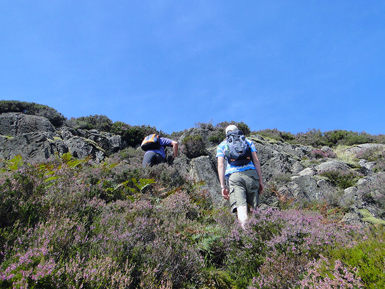 The path cuts between outcrops near Great Crag