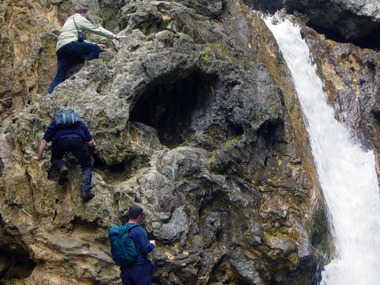 Climbing the lower waterfall of Gordale Scar