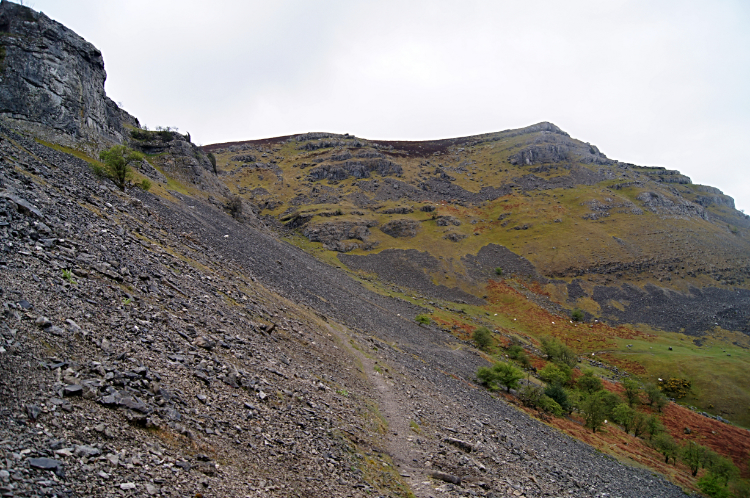 Crossing a scree slope at Eglwyseg Rocks