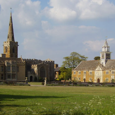 Nevill Holt Hall, church and stables