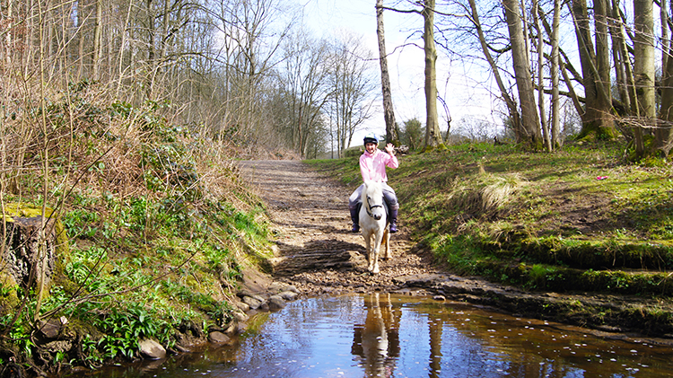 Pony rider greeting me at the River Skell ford