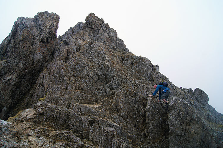 Climbing one of the pinnacles on Garnedd Ugain