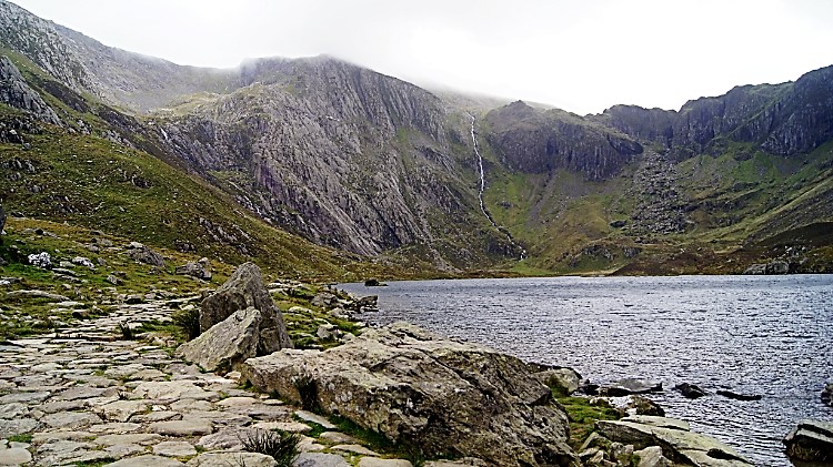 View across Llyn Idwal to Twll Du/ Devil's Kitchen