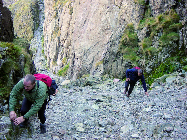 Scrambling up the scree in Lord's Rake