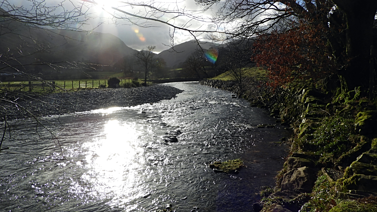 Winter sunlight glinting on Stonethwaite Beck