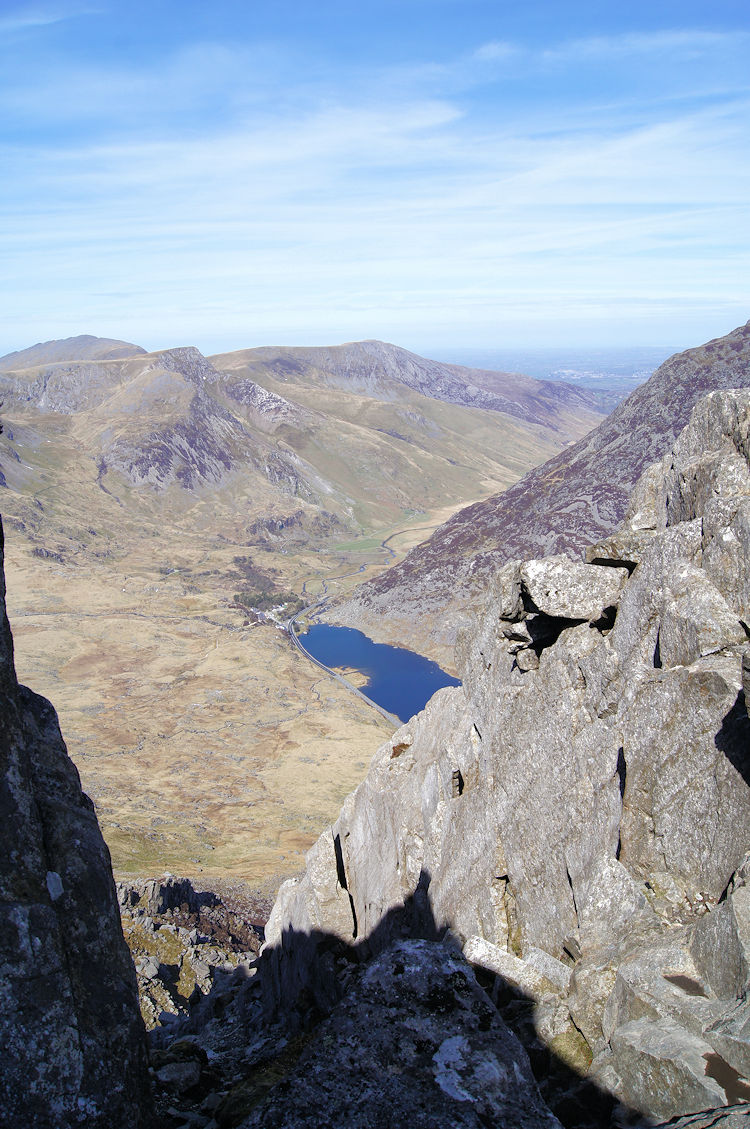 View from the top of the gully to Llyn Ogwen and Foel Goch